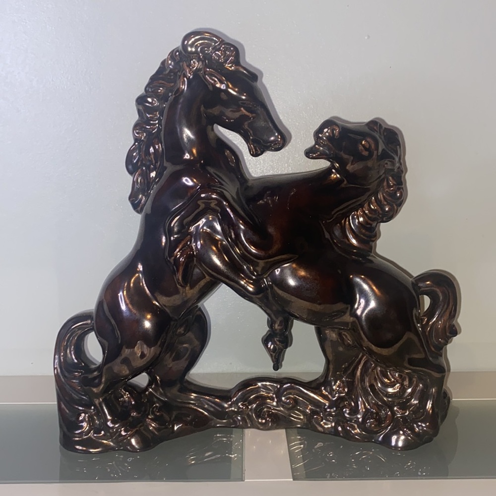 Mid-Century Fighting Stallions Statue Ceramic Bronze Glaze-Vintage 1960’s